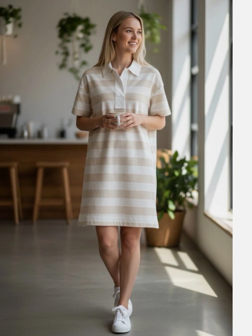 Everlane The Organic Cotton  Shortsleeve Preppy Beige Striped Mini Dress XS NWT